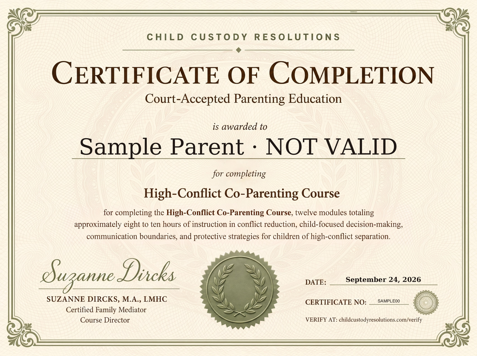 Sample Court-Accepted Parenting Education certificate of completion for the High-Conflict Co-Parenting Course, made out to Sample Parent · NOT VALID and signed by Suzanne Dircks, M.A., LMHC.