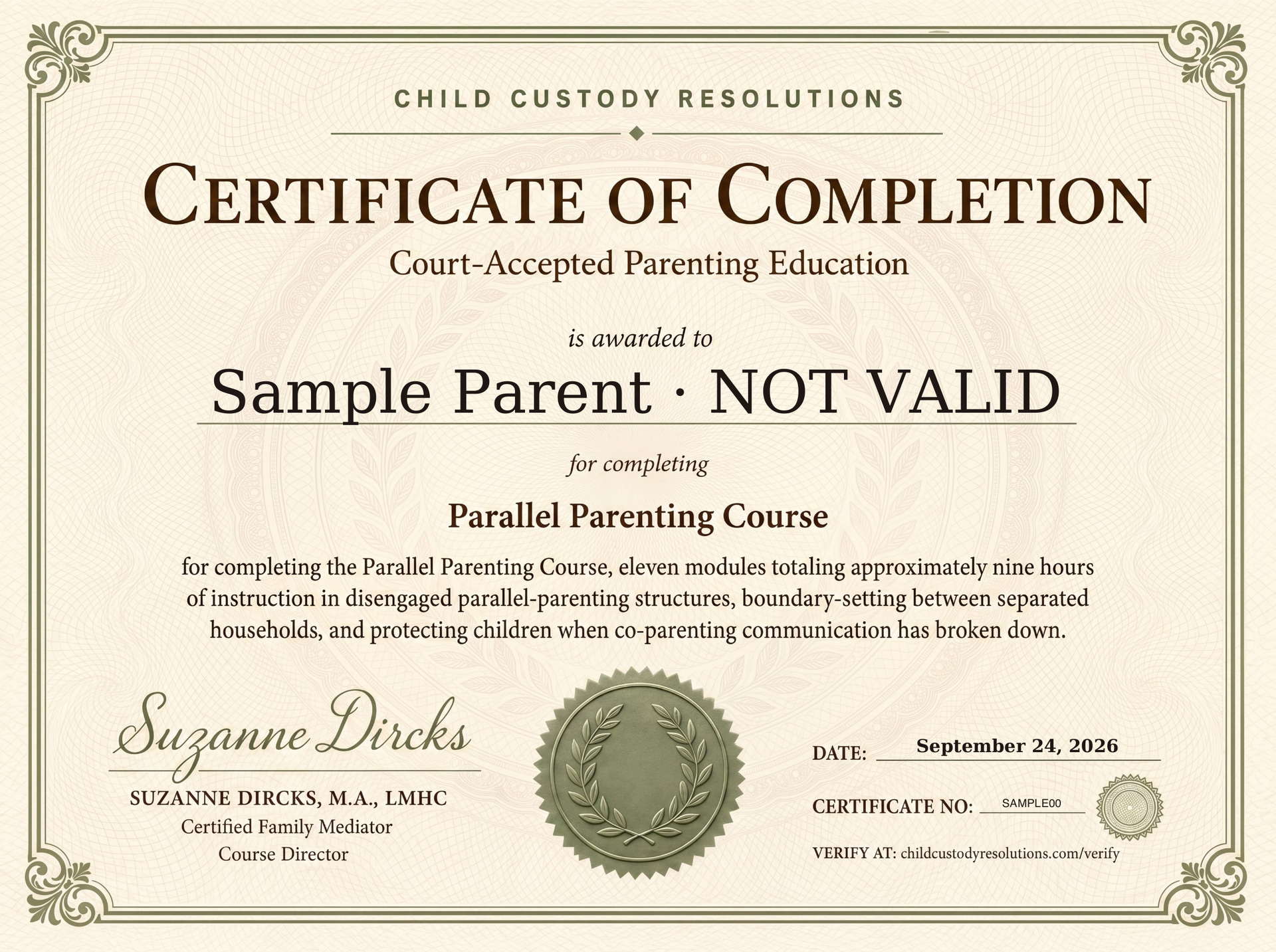 Sample Court-Accepted Parenting Education certificate of completion for the Parallel Parenting Course, made out to Sample Parent · NOT VALID and signed by Suzanne Dircks, M.A., LMHC.