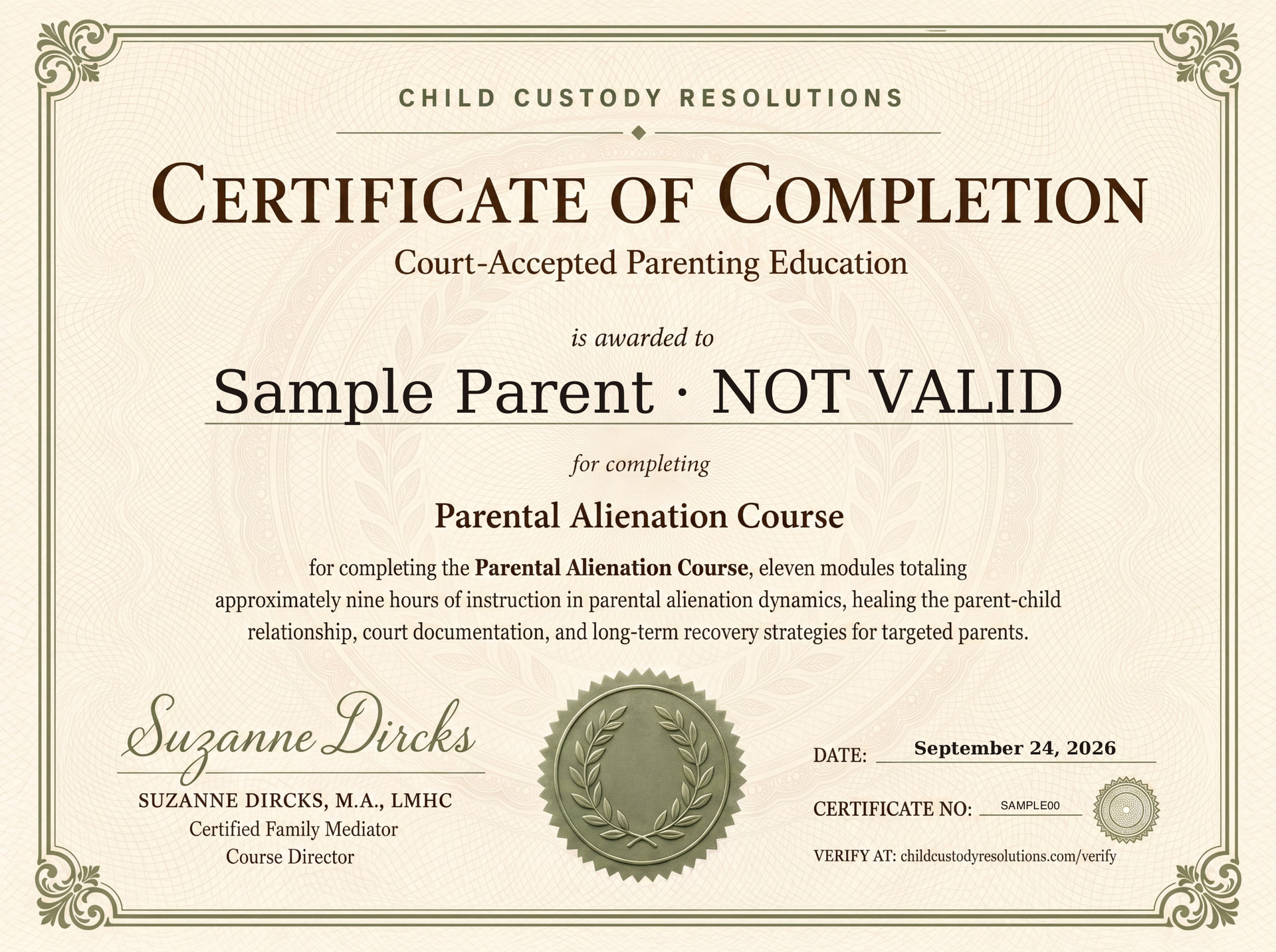 Sample Court-Accepted Parenting Education certificate of completion for the Parental Alienation Course, made out to Sample Parent · NOT VALID and signed by Suzanne Dircks, M.A., LMHC.