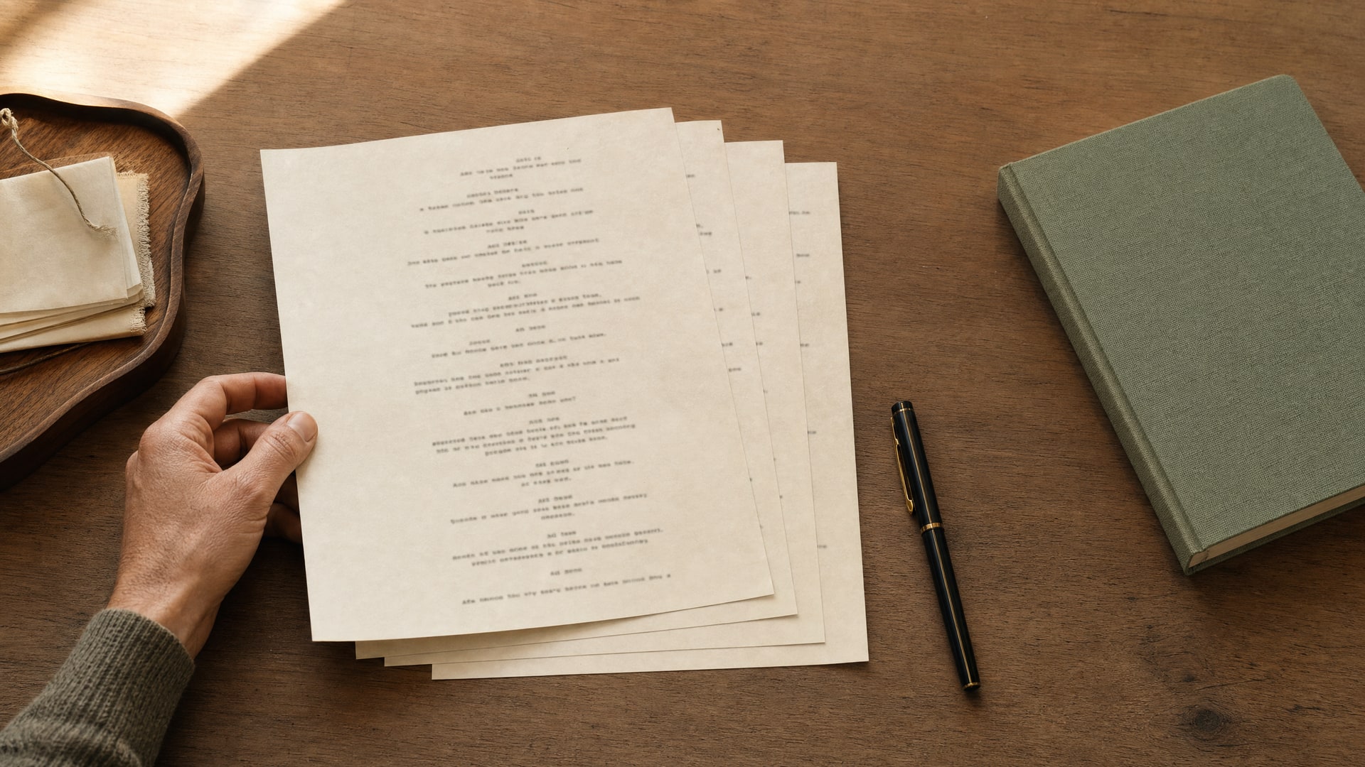 An overhead view of a small stack of typed scripts on cream paper with a hand reviewing one, beside a sage notebook and a wooden tray of folded papers