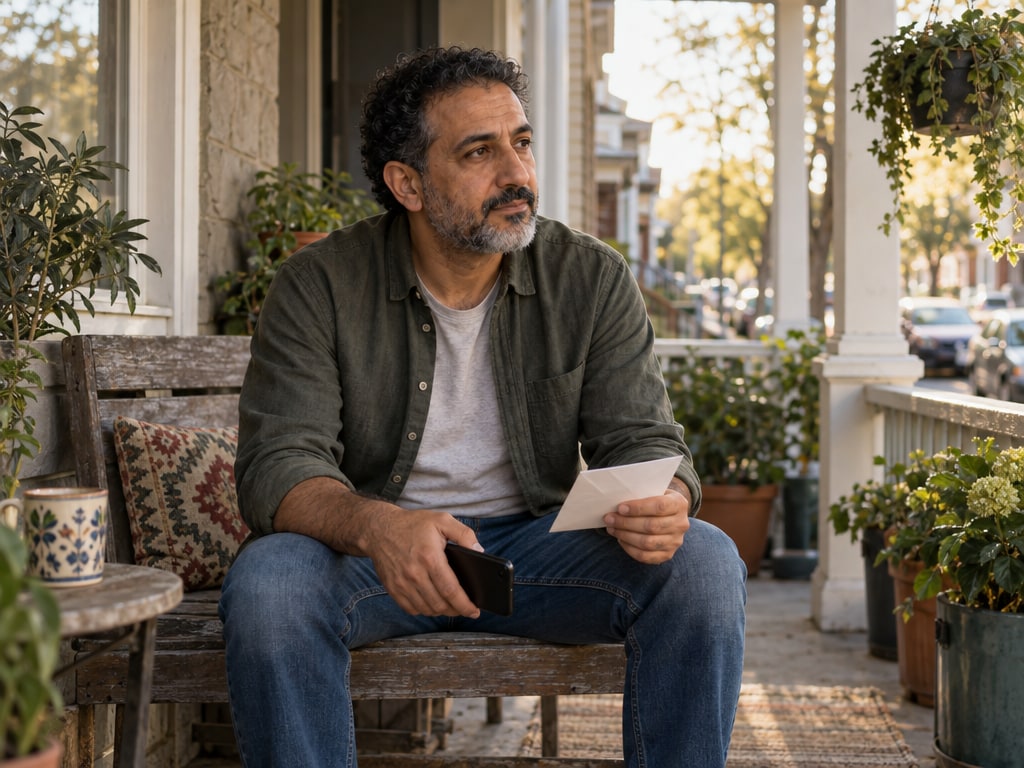 A father pauses with a note and phone on his porch before reaching out