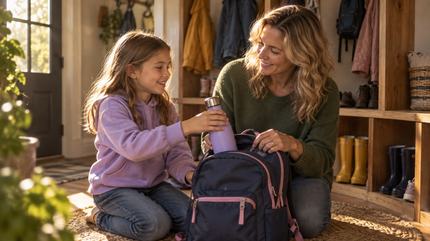 A mother and child quietly preparing a school backpack at home
