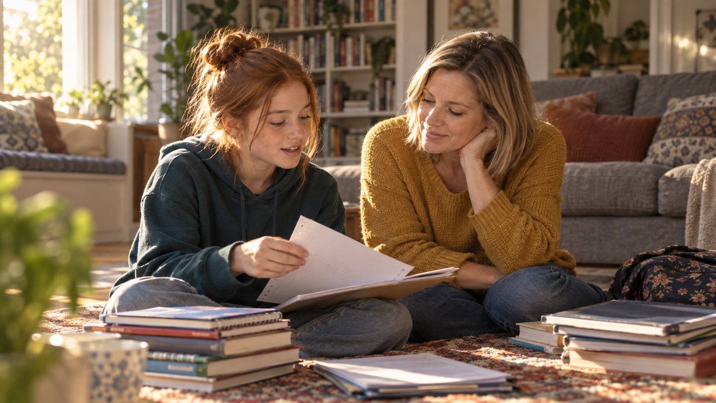A mother and teenage daughter sort books together on a living-room rug.