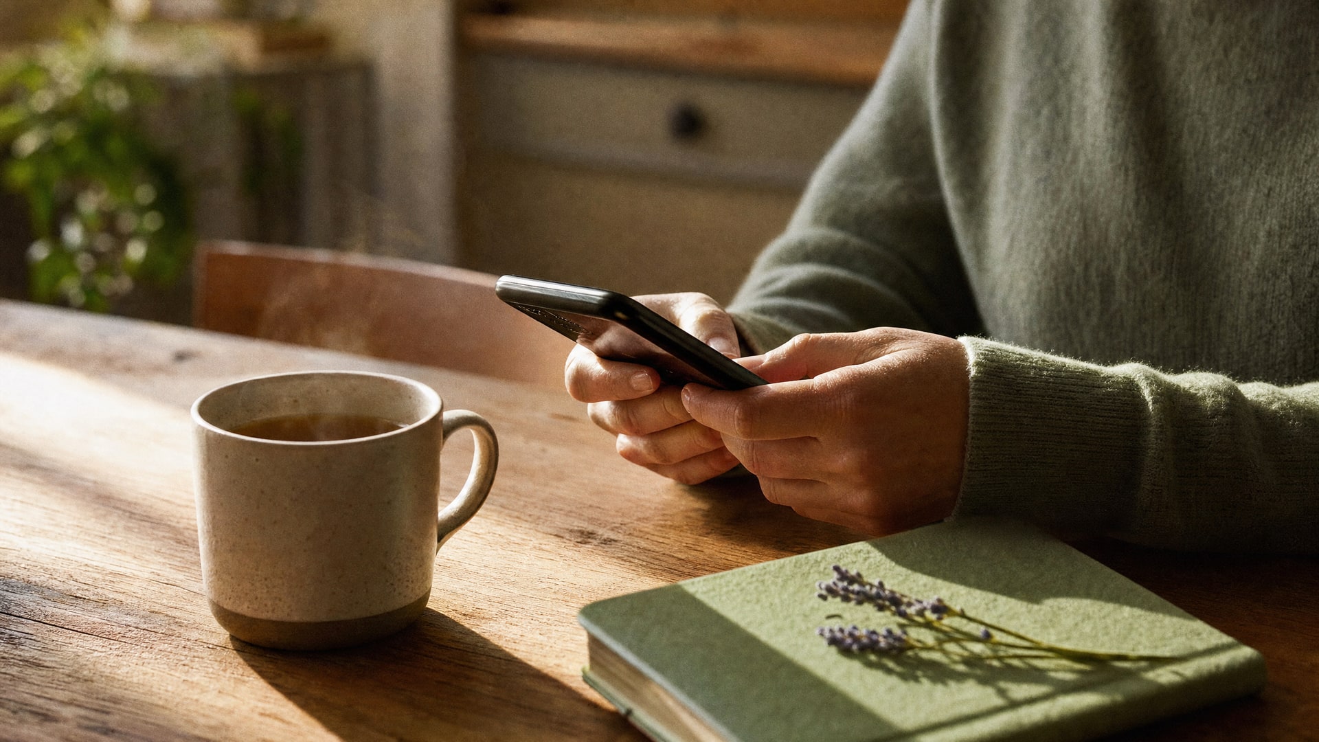 A parent's relaxed hands composing a message on a phone at a warm kitchen table, beside a cup of tea and a sage notebook