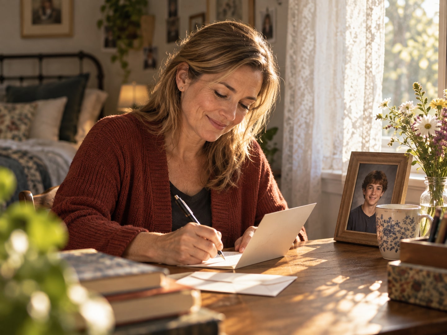 A parent writes a letter at home in warm light.