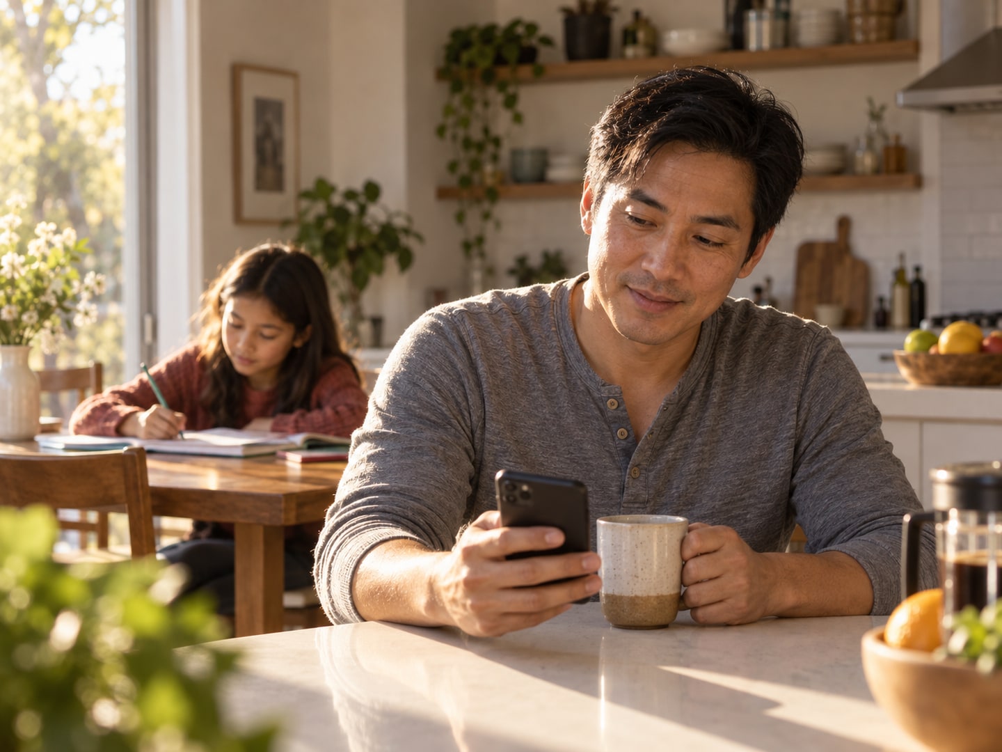 A father checks his phone while a child works separately at a kitchen table.