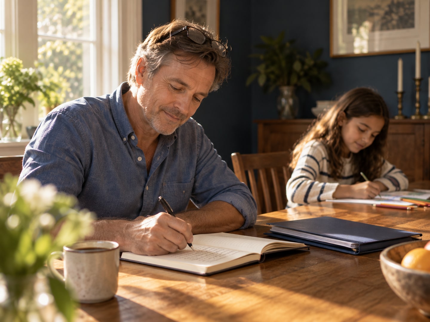 A parent writes while a child works separately in a room with a blue wall.