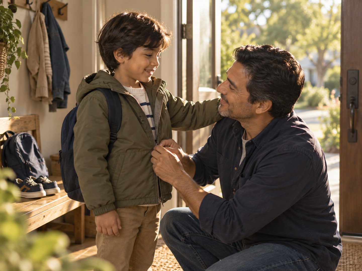 A parent fastens a child’s jacket in a shaded doorway.