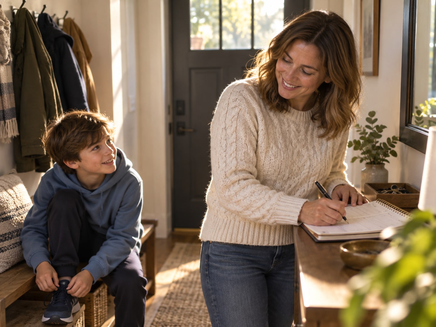 A parent writes while a child puts on shoes by the door.