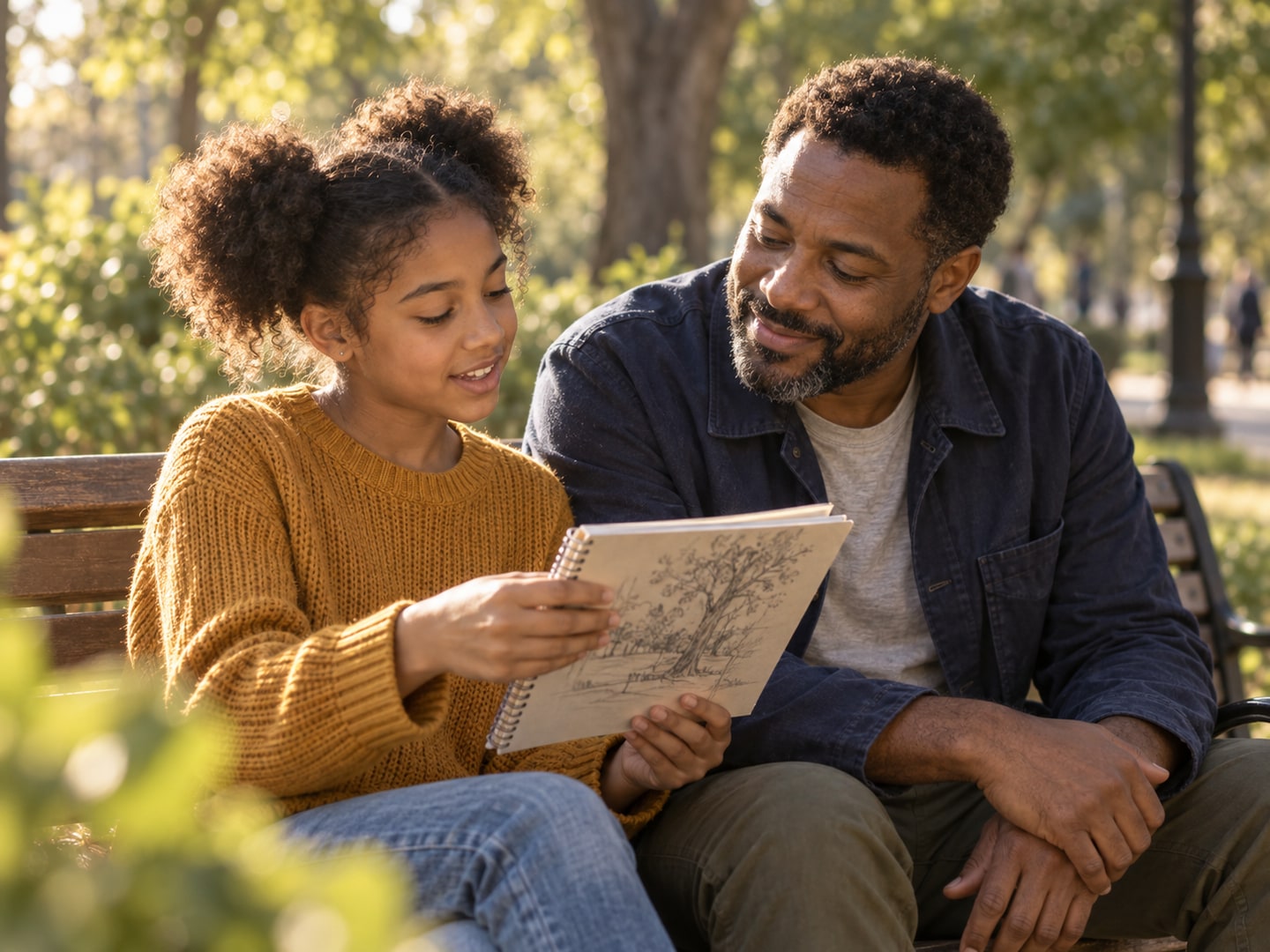 A parent and child look at a sketchbook together outdoors.