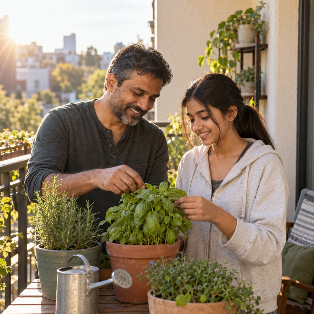 A father and daughter tending herbs together on their balcony in warm morning light