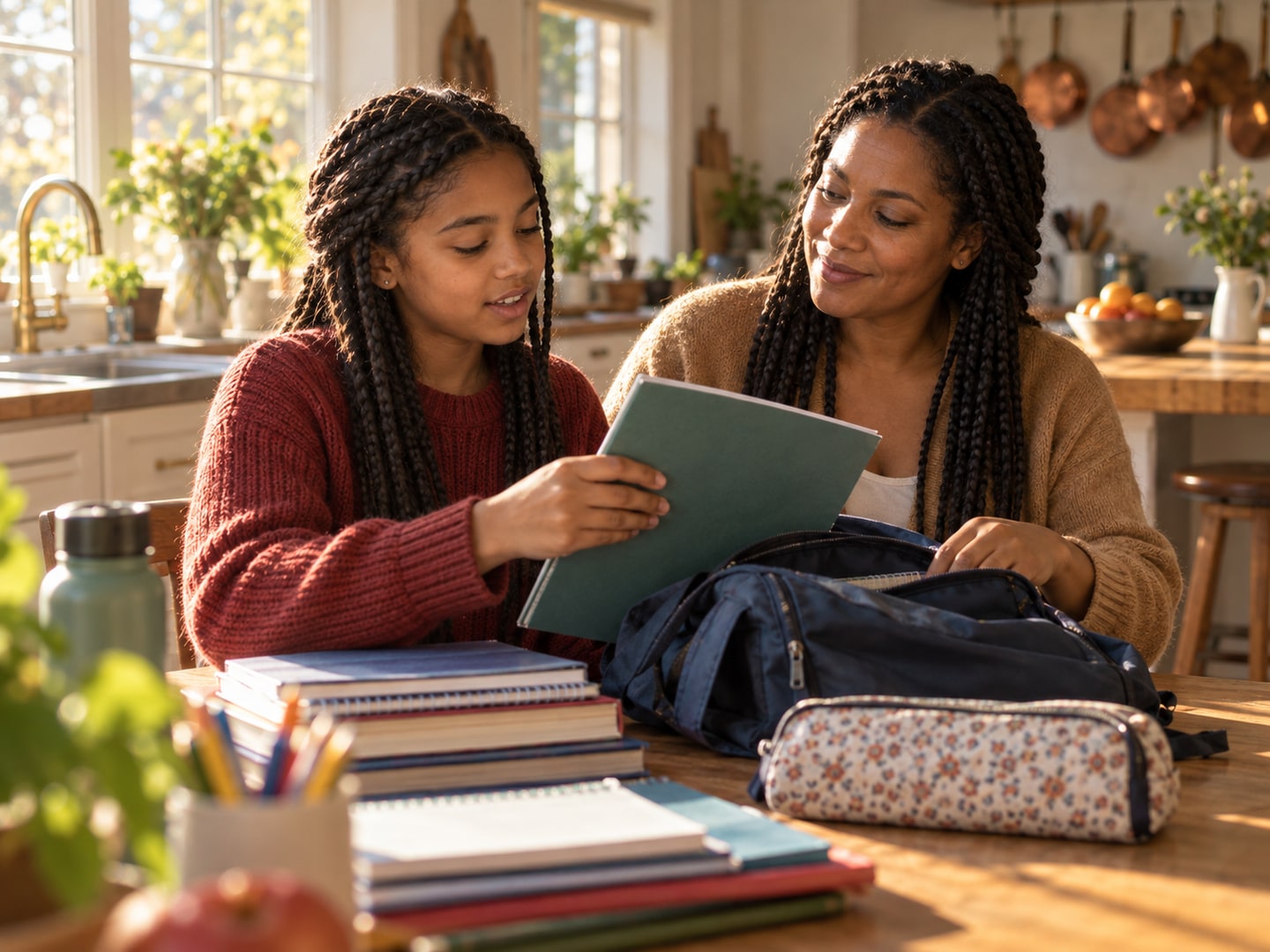 A mother and daughter packing a school bag together at home