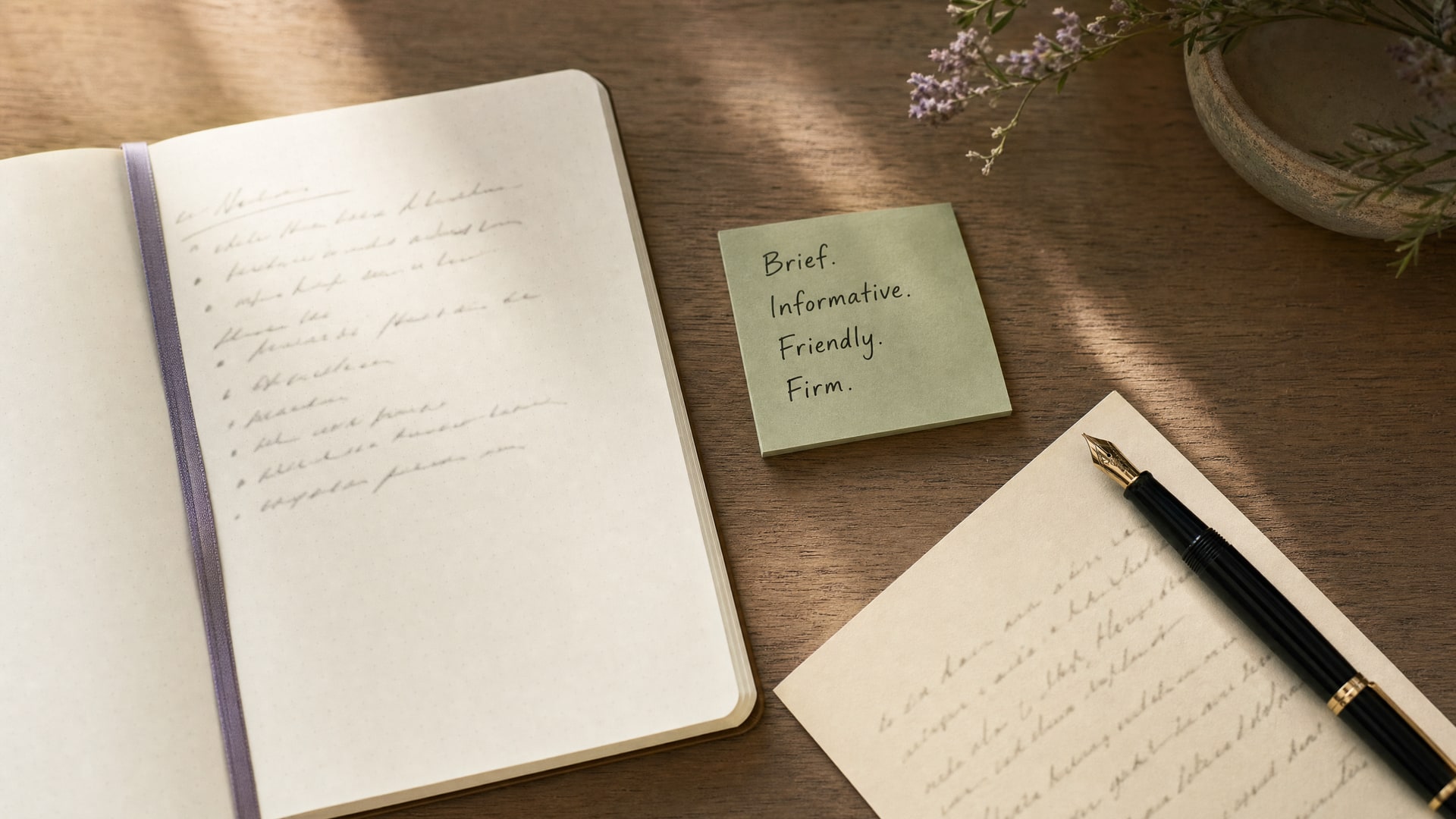 An open notebook on a warm wood desk with a sage note that reads Brief, Informative, Friendly, Firm beside a fountain pen
