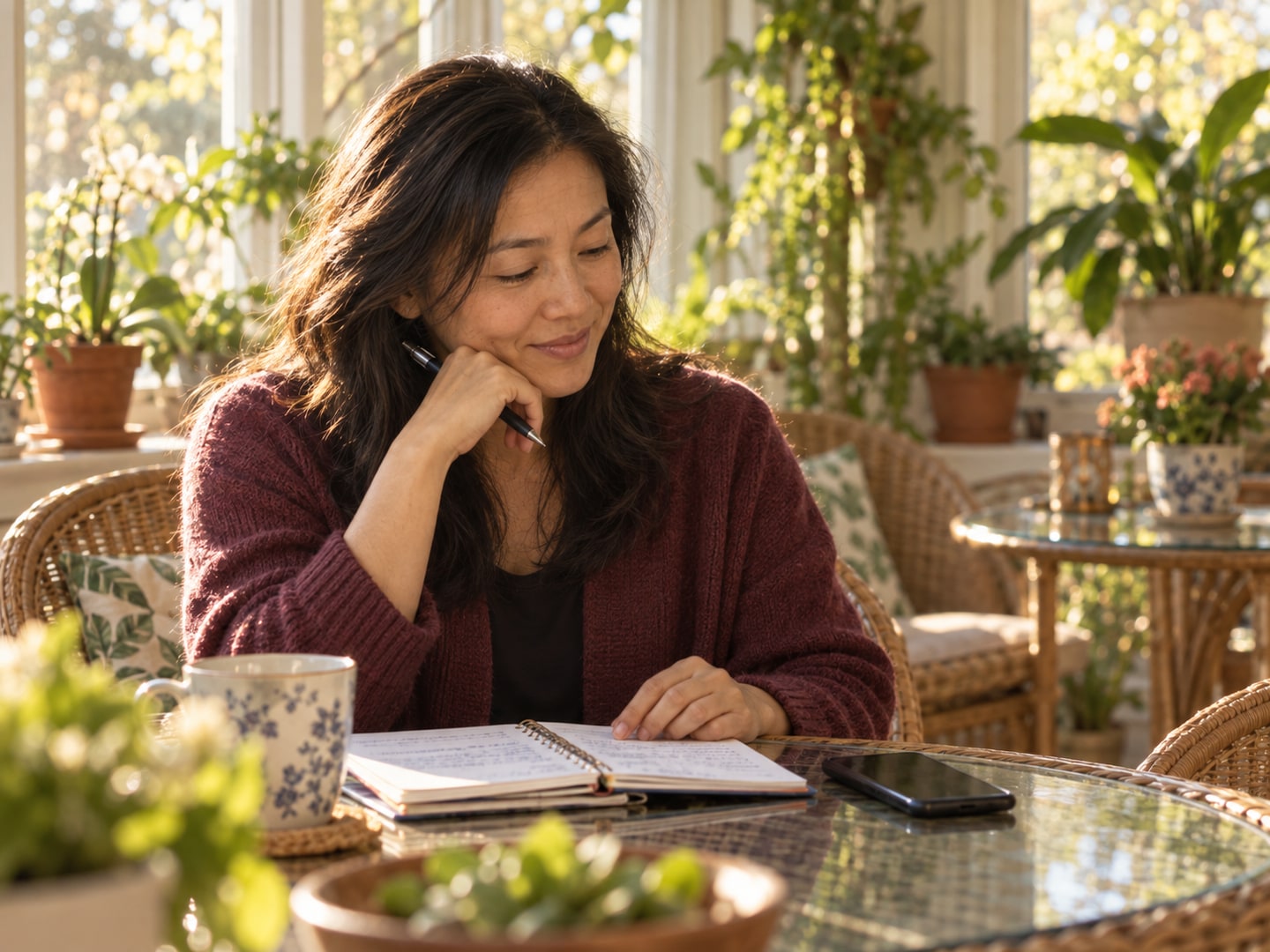 A mother pauses with a lowered phone and a notebook at home.
