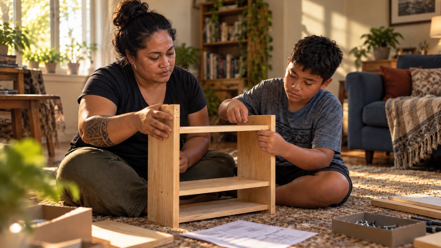 A parent and child assemble a small wooden shelf together at home.