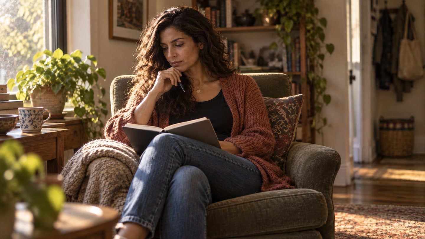 An adult at home pauses over an open notebook, pen in hand.