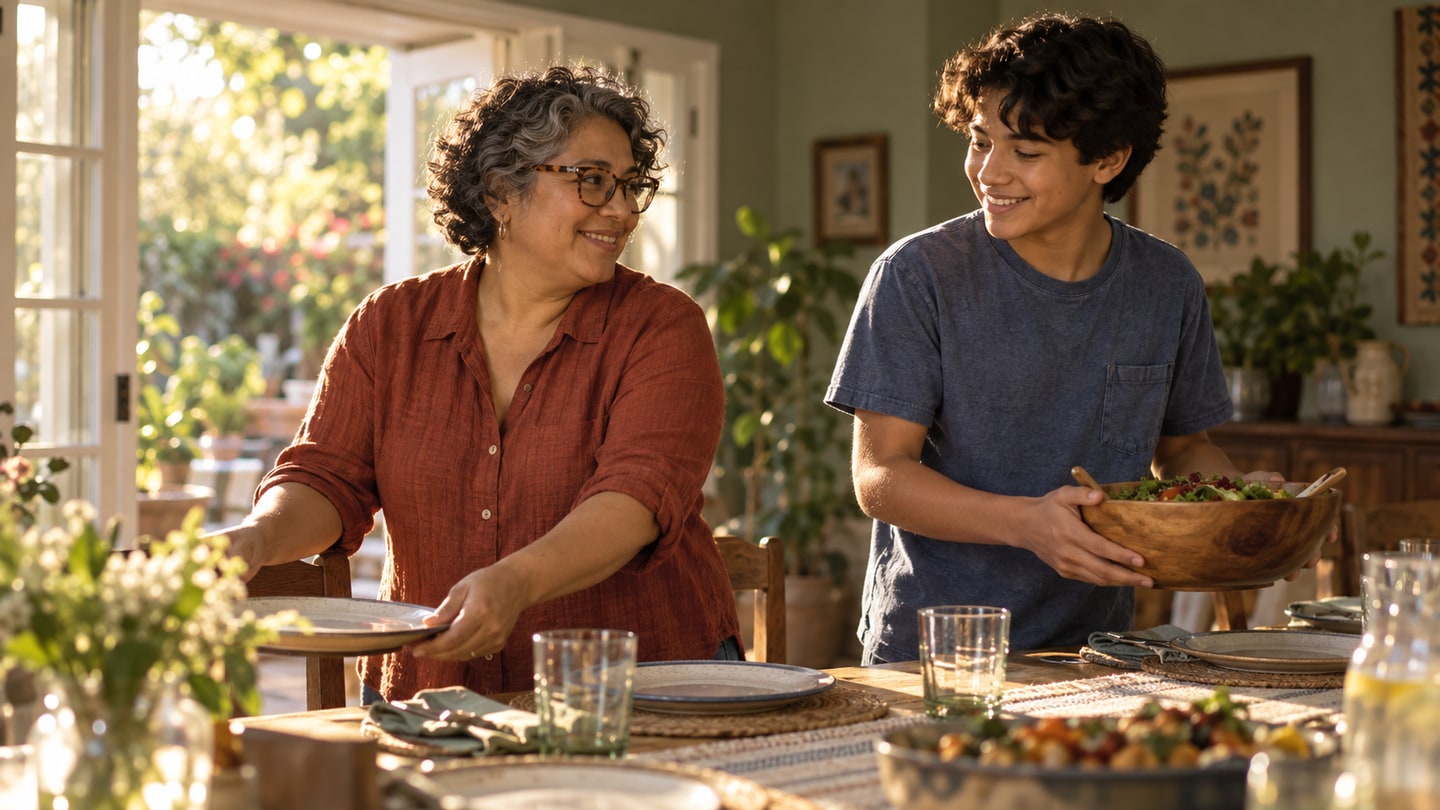 A mother sets a plate while her son carries a salad bowl to the table.