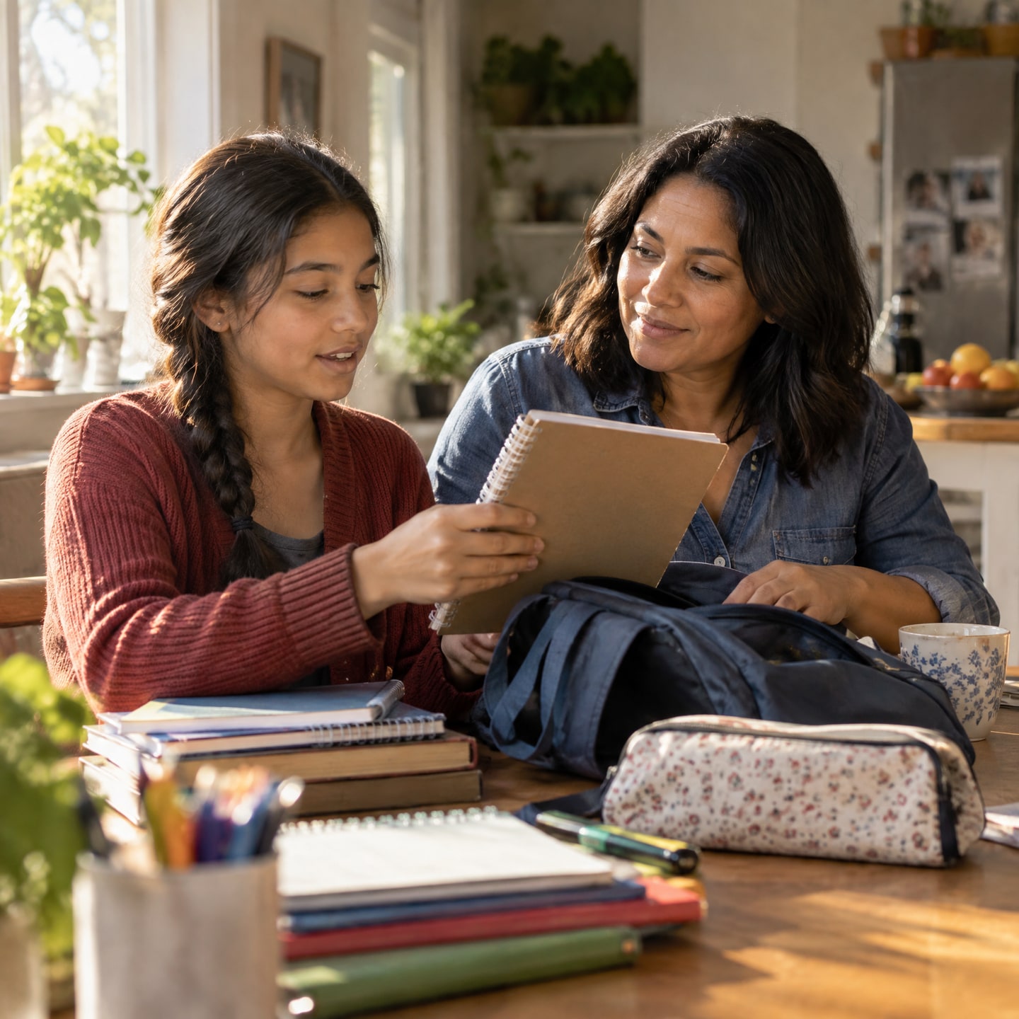 A mother and her teenage daughter packing school supplies together at the kitchen table
