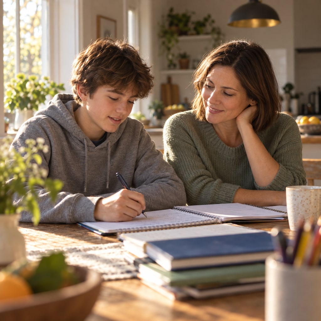 A mother and teenager look together at the teenager’s writing.