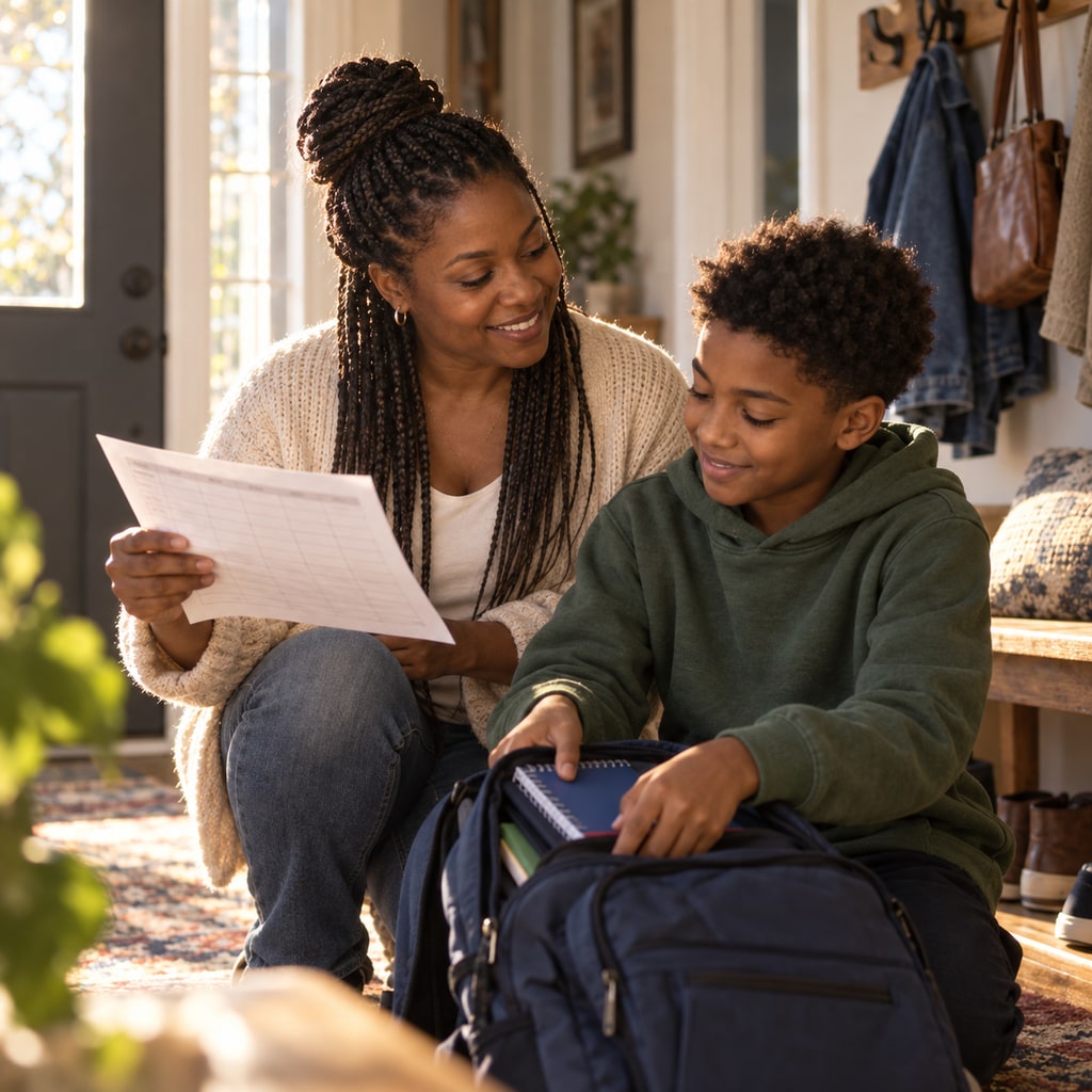 A mother checks a school-week plan while her son packs his backpack.