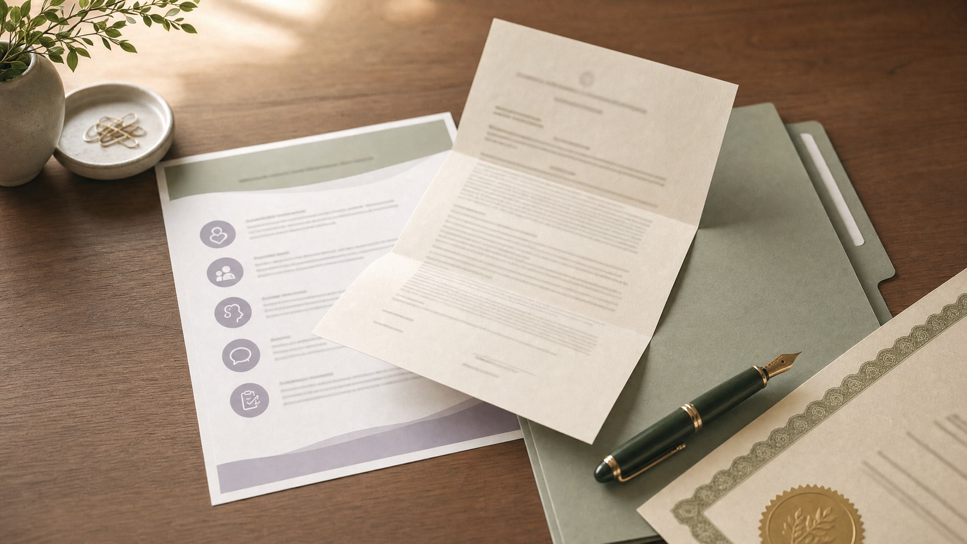 A folded court document, course overview sheet, sage folder, fountain pen, and certificate corner on a warm wooden desk