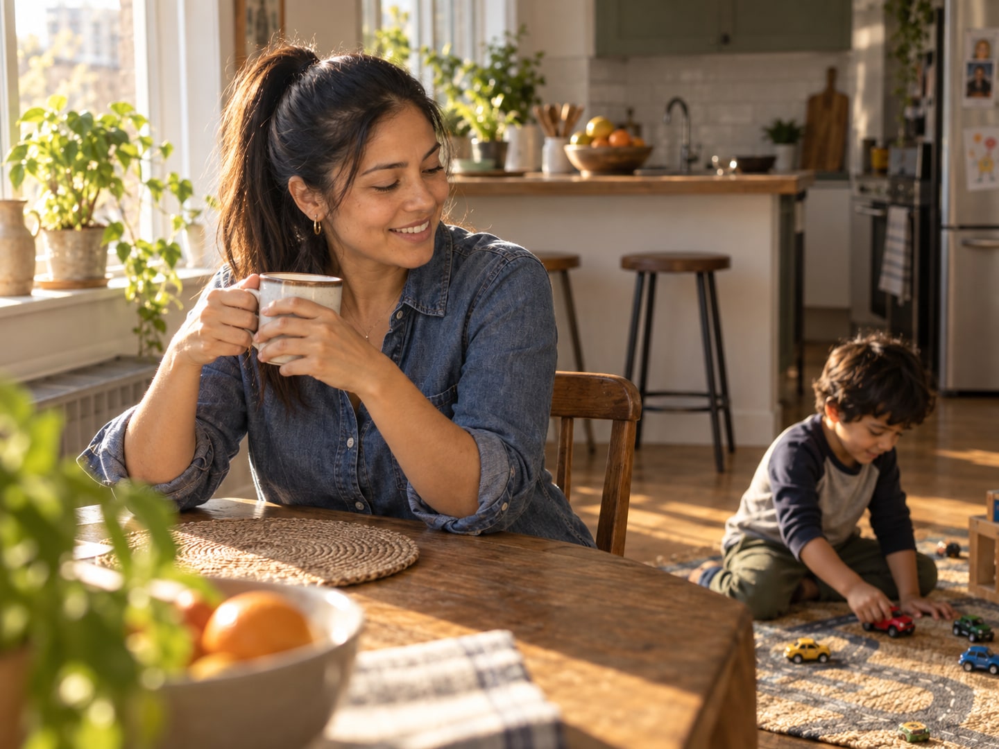 A mother holds a mug at a kitchen table while her son plays with toy cars nearby.