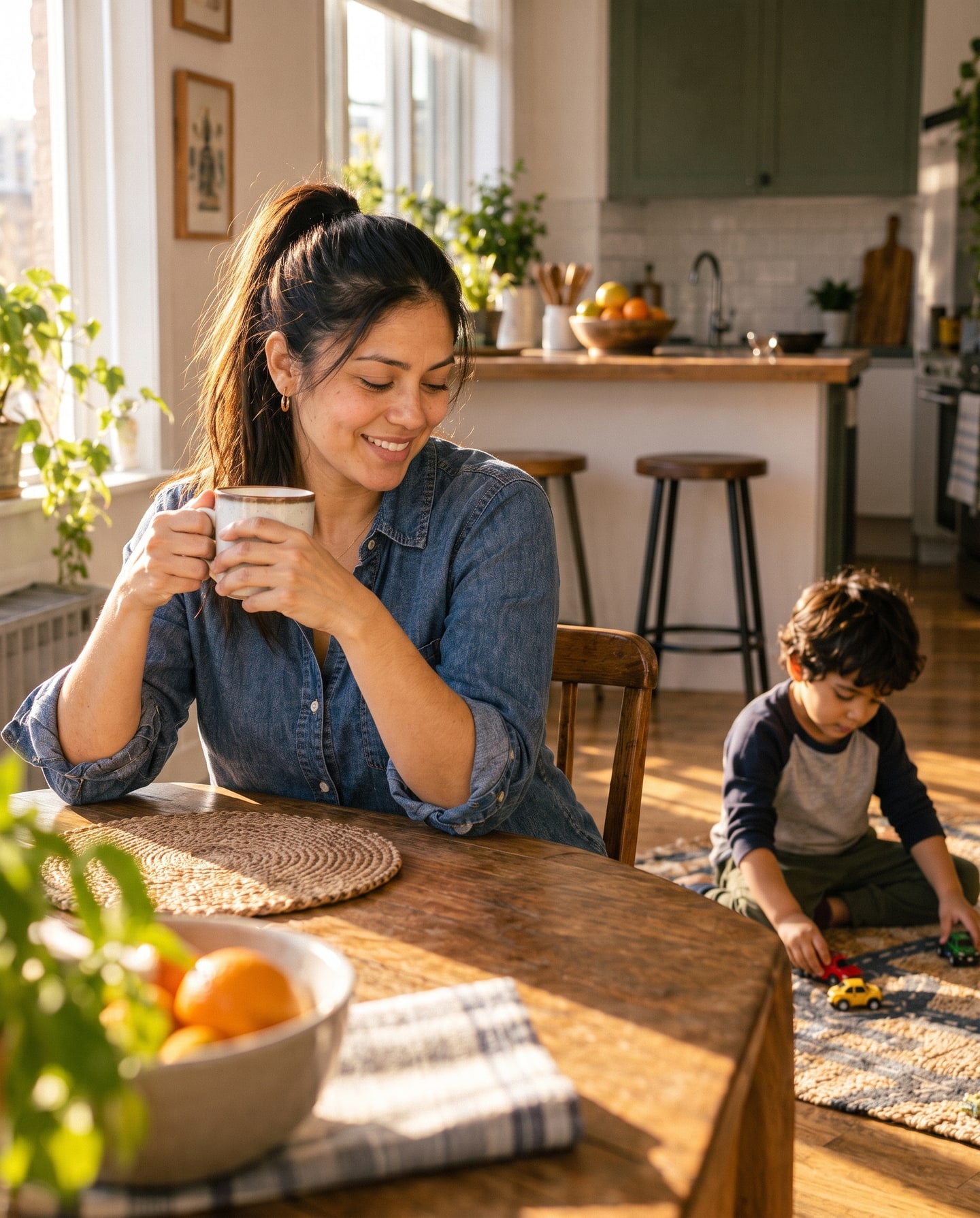 A mother smiles toward her son playing with toy cars beside their kitchen table.