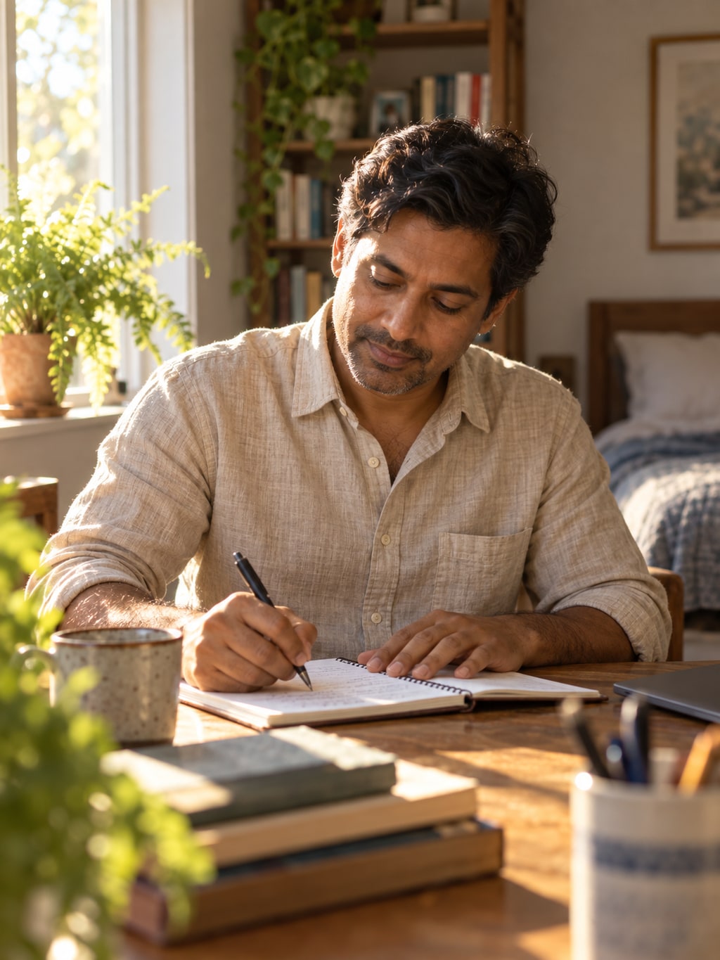 A father writes in a record at a wooden table at home.