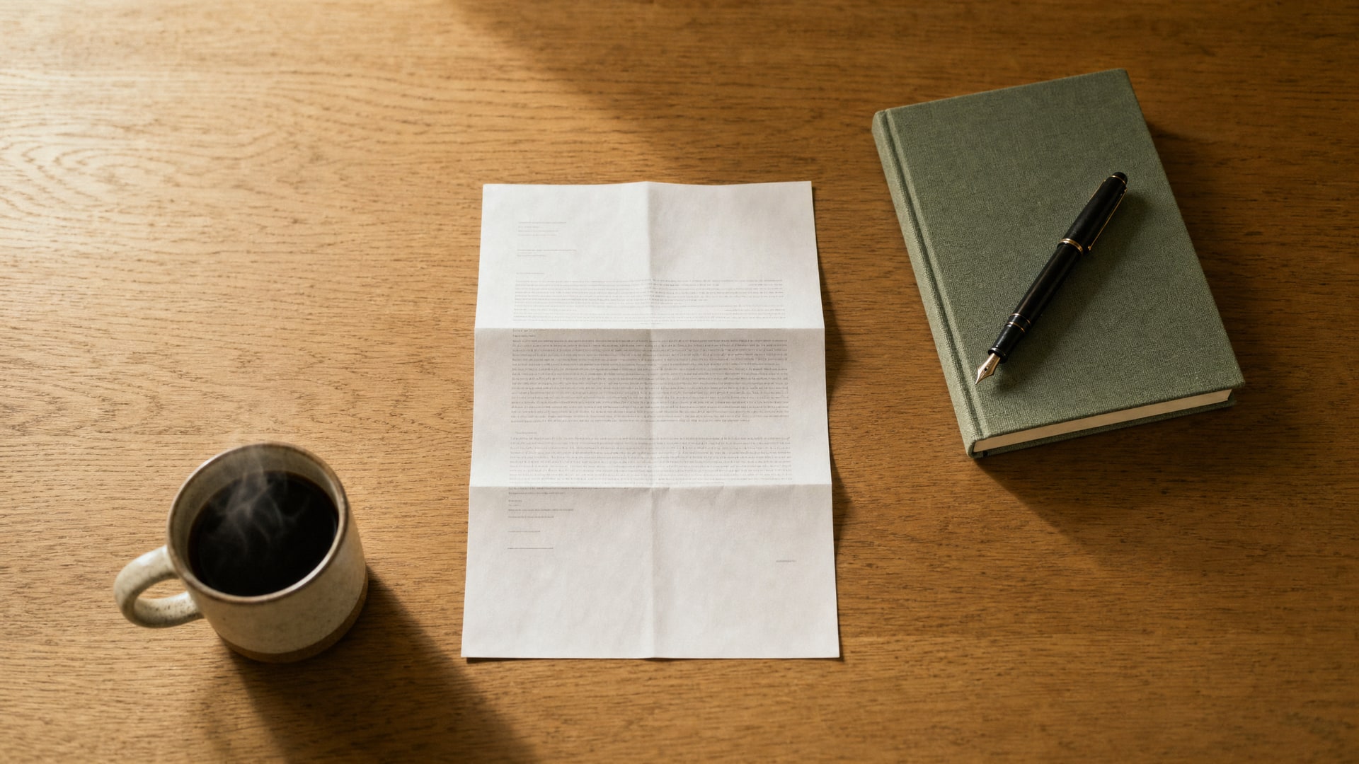 A folded court document, fountain pen, and coffee mug on a wooden table