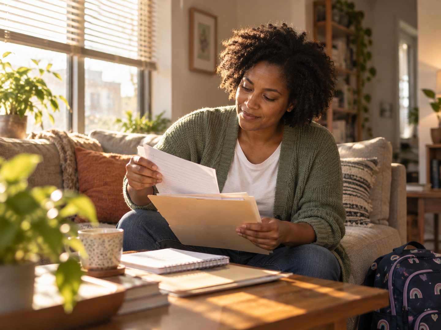 A mother reviews papers and writes notes at home.