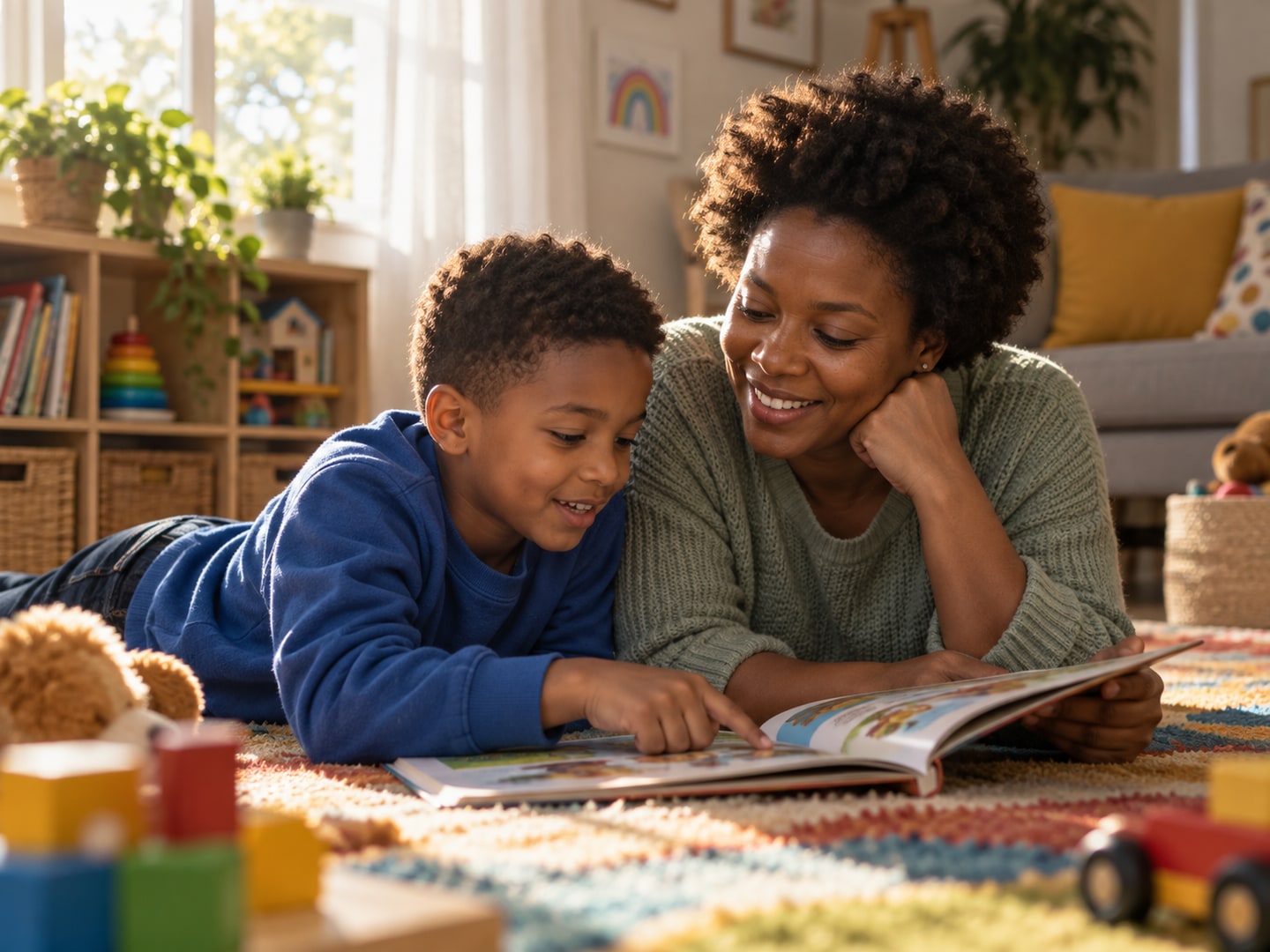 A mother and son read a picture book on a rug as the boy points to a page.