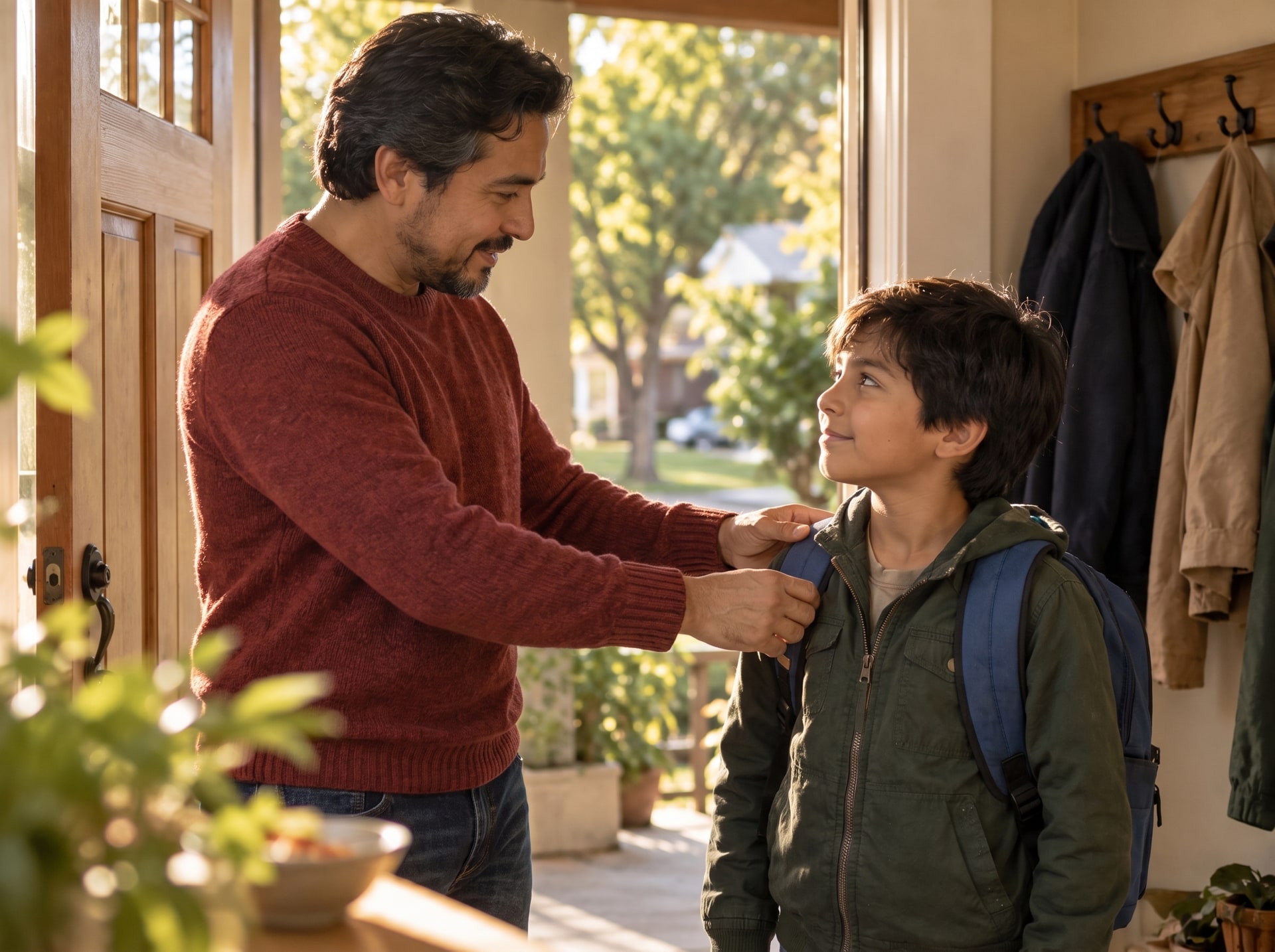 A father straightens his son's backpack strap at the doorway before school.