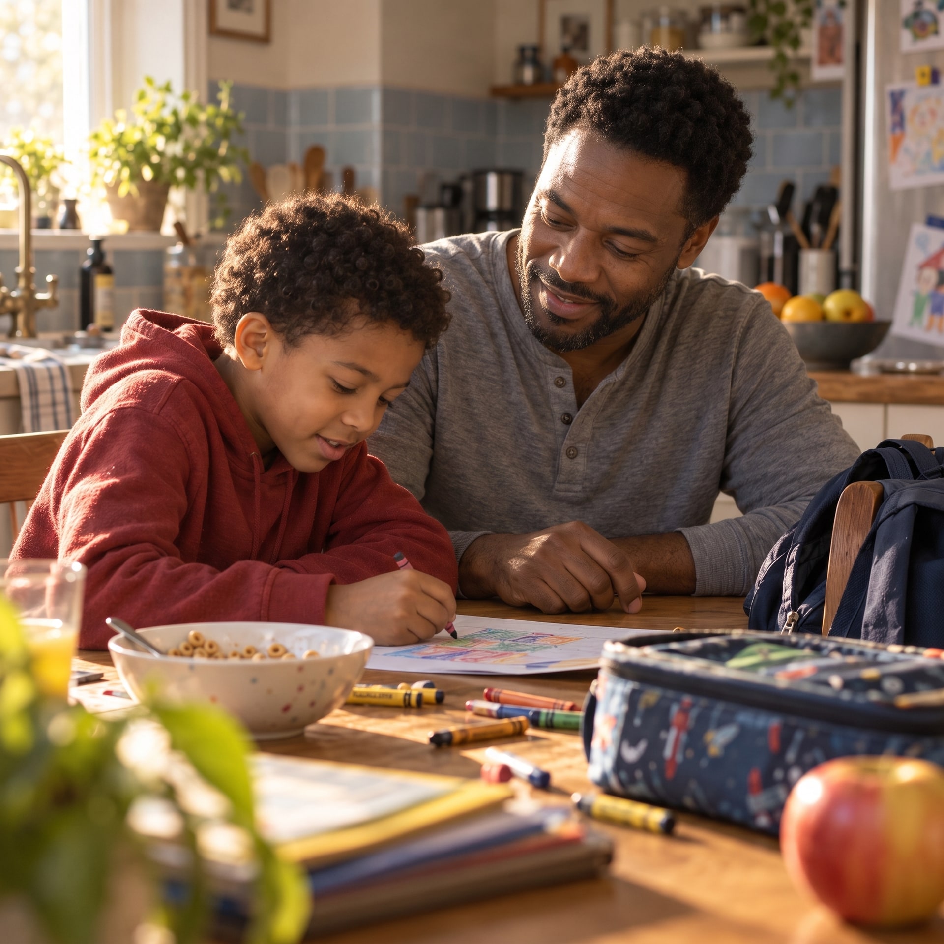 A father quietly watches his son draw with crayons at their kitchen table.