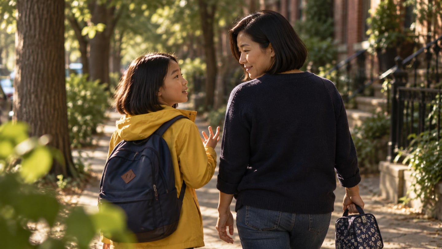 A mother and daughter talk while walking beneath shaded street trees.