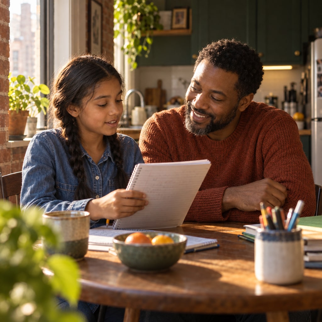 A father and daughter share a task at a kitchen table in warm side light.