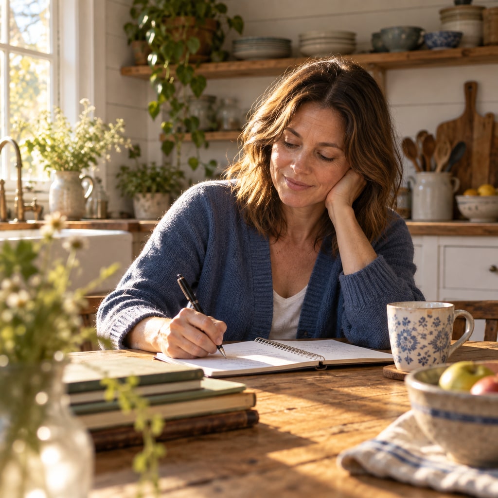 A mother writes notes at a kitchen table in warm window light.