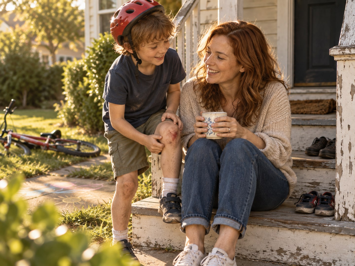 A mother smiles on her front steps as her son comes over from his bicycle.