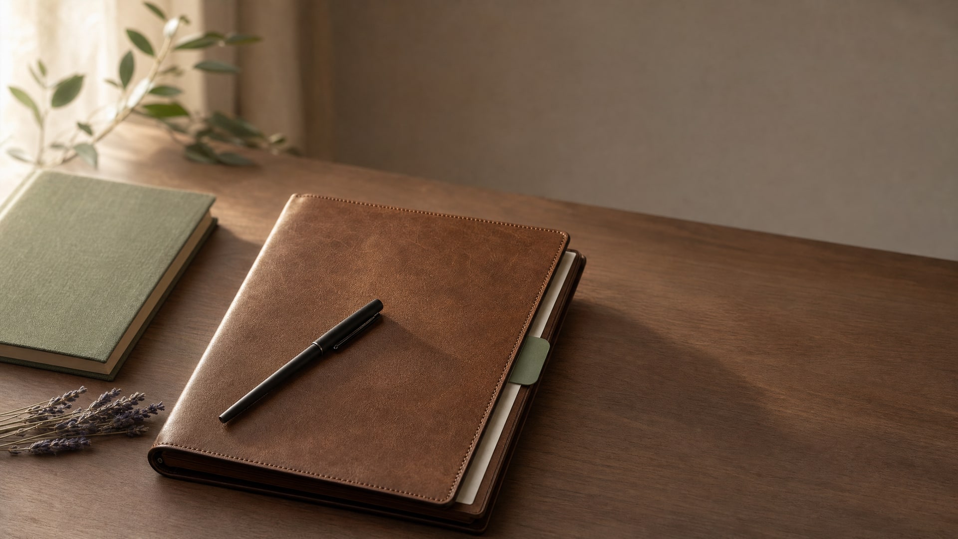 A closed tan leather document portfolio with a fountain pen resting on it, a sage file tab and notebook beside dried lavender on a warm wooden desk in soft window light