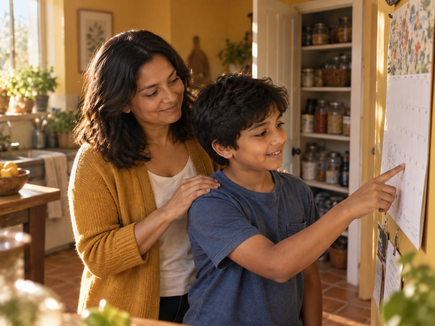 A mother and son look at a calendar together at home.