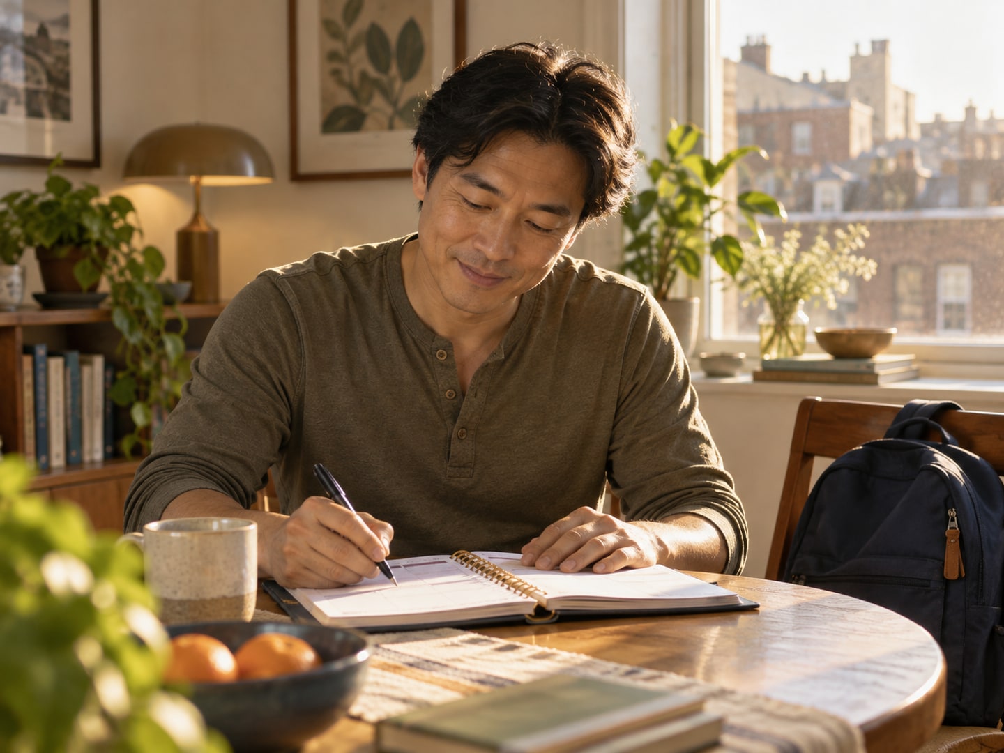 A father works on a calendar at home in warm light.