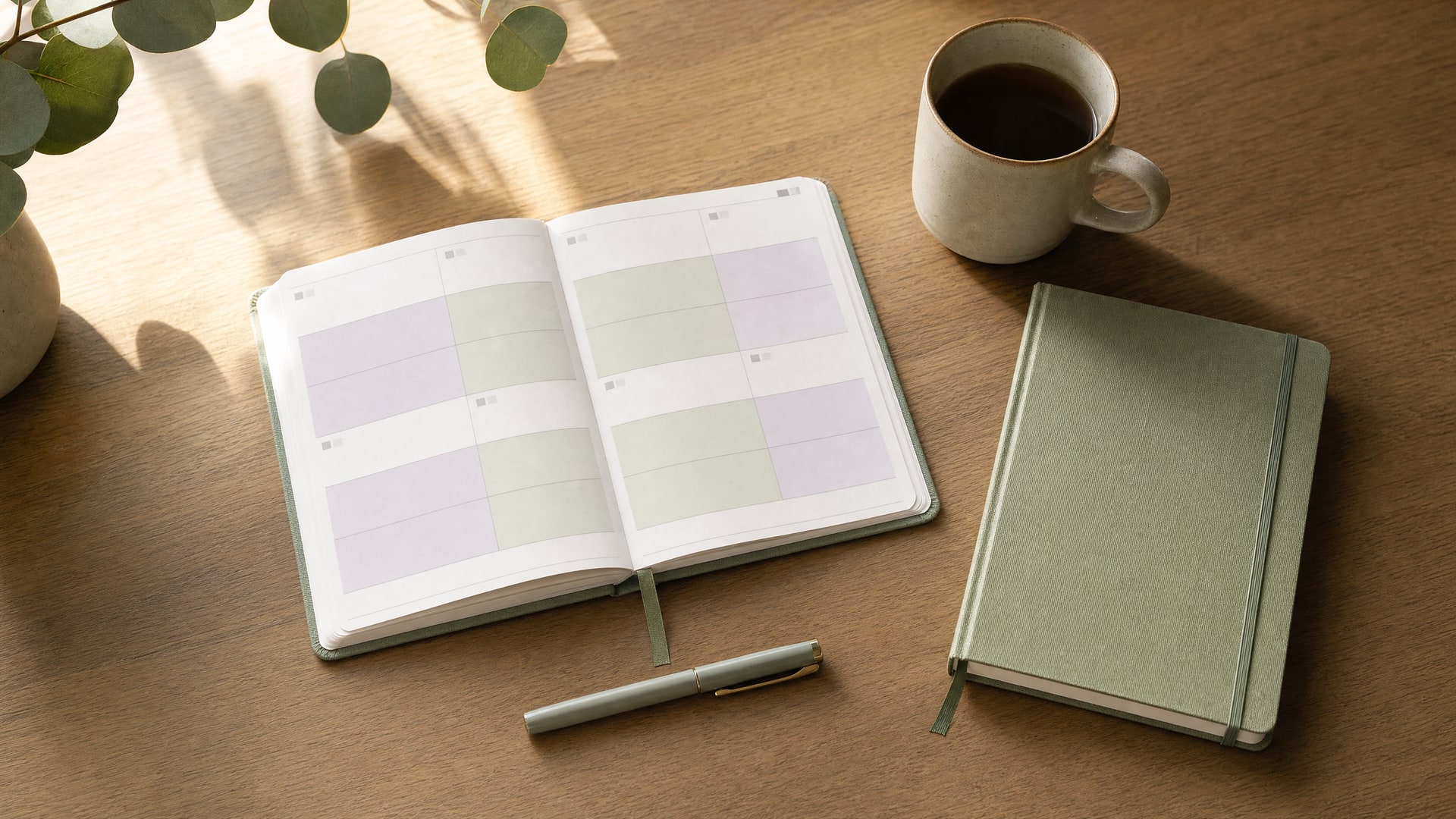 An overhead view of a weekly planner with sage-and-lavender color-coded alternating-week schedule, a closed sage cloth-bound notebook, and a single ceramic mug on warm wood