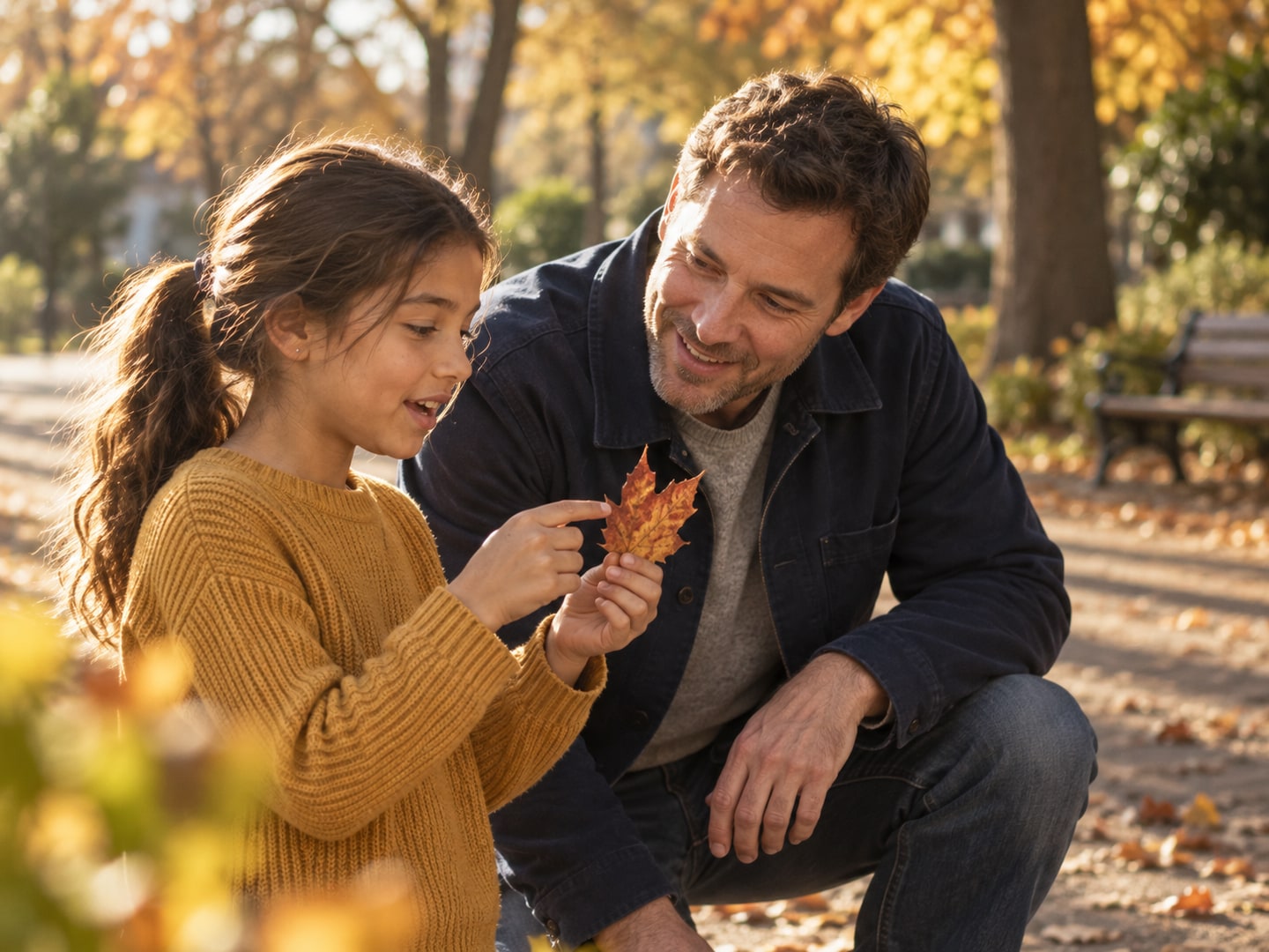 A daughter shows her father a leaf on a park path as he bends to look.