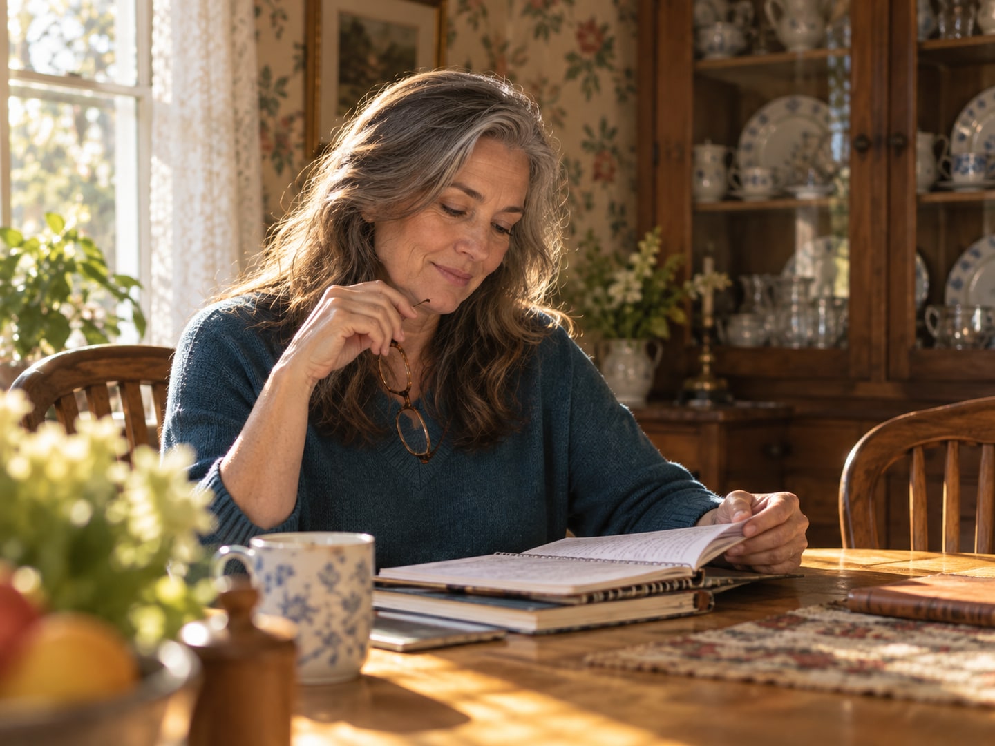 A mother writes notes at a table in a shaded room.