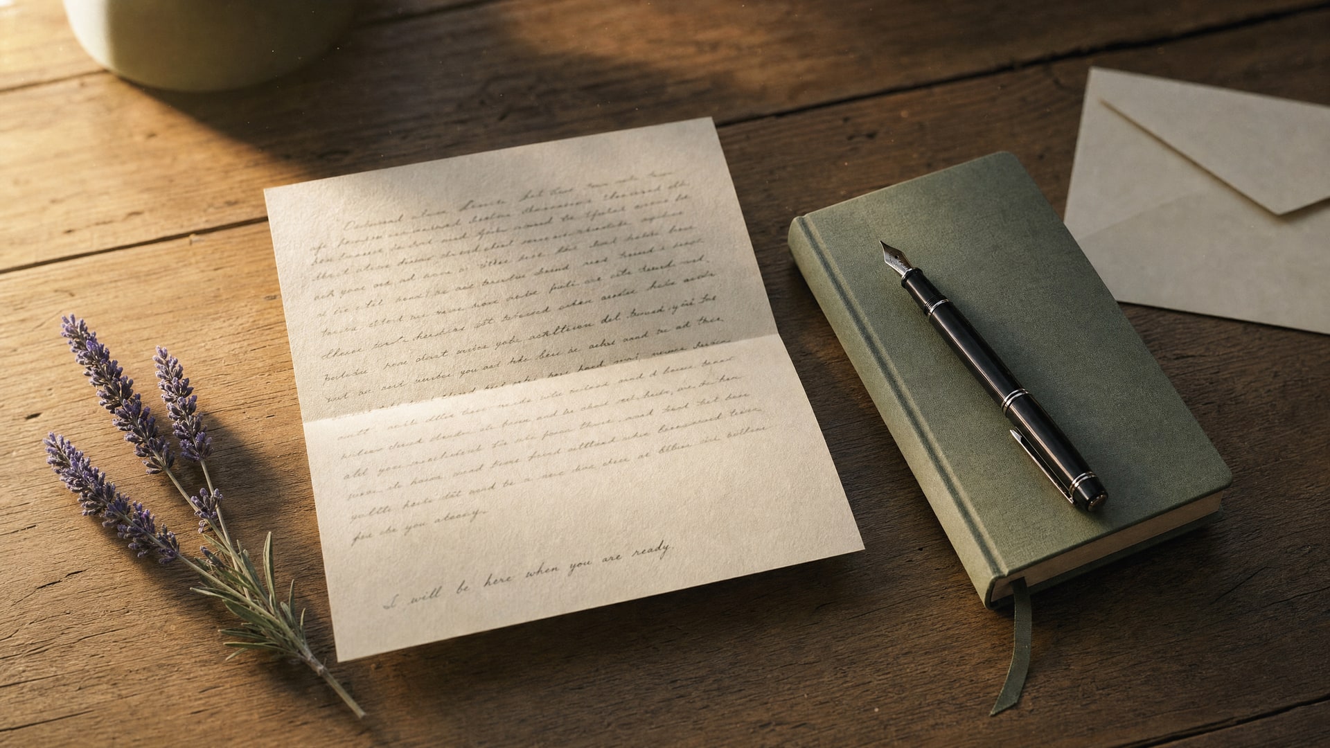 A handwritten letter on cream paper beside a sage notebook, fountain pen, envelope, and lavender on a warm wooden desk