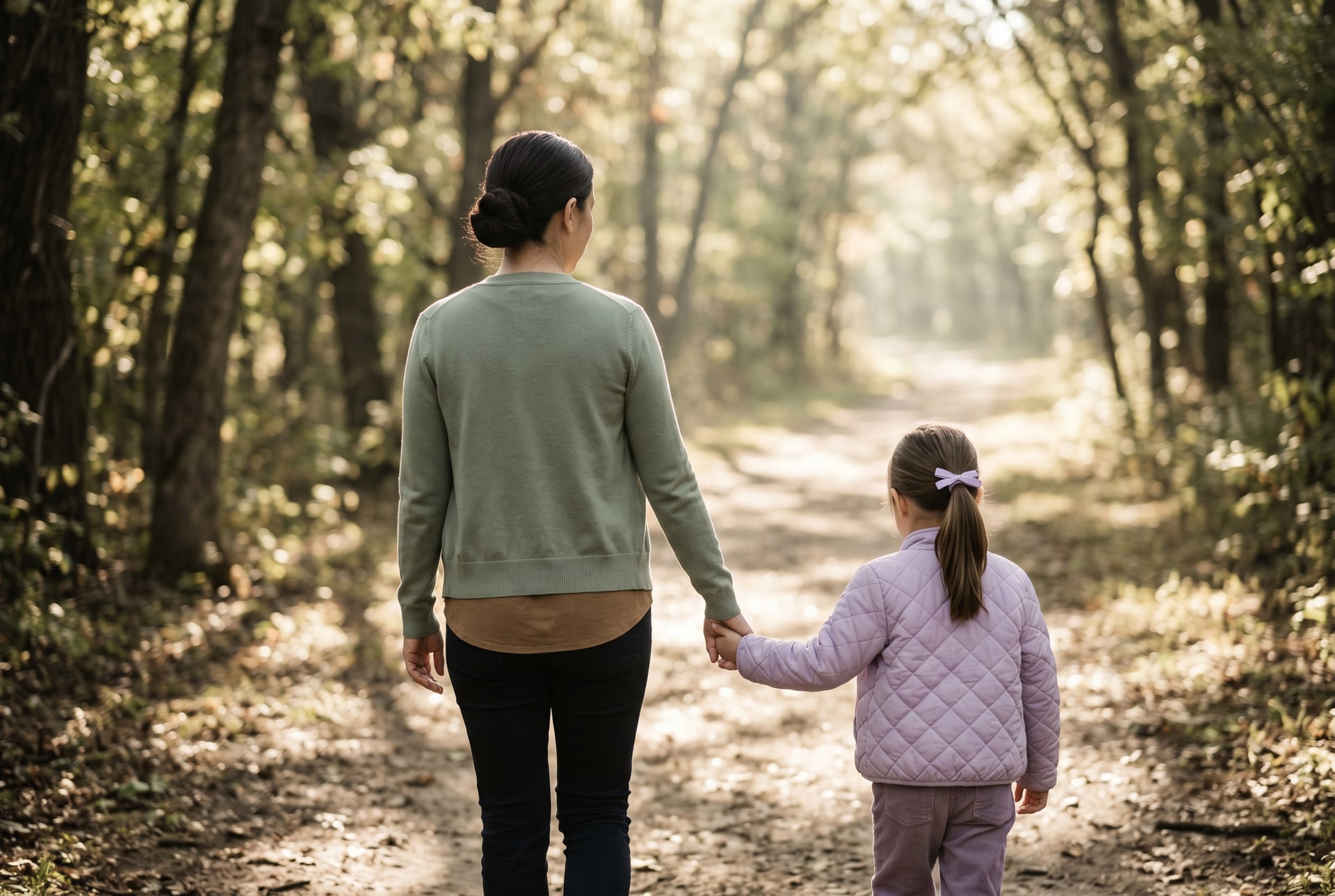 A mother and daughter walking forward together on a tree-lined path in warm afternoon light