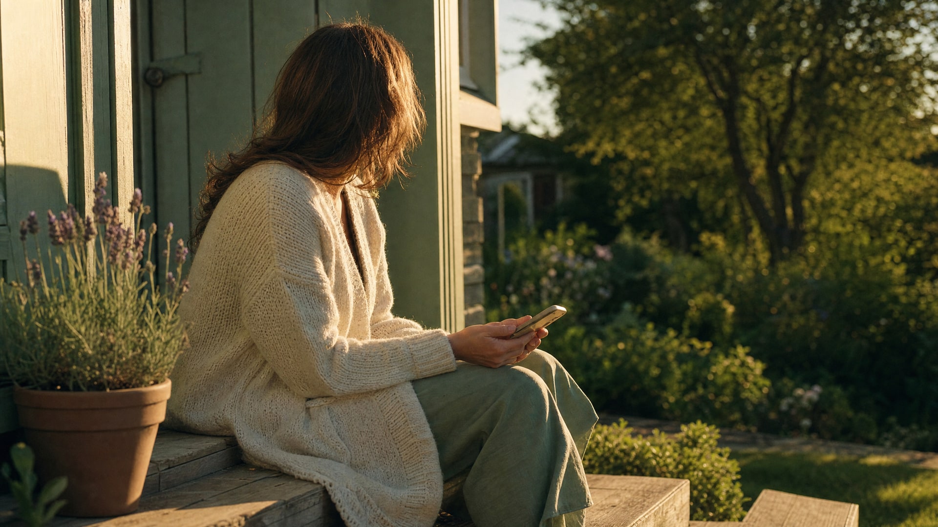 A parent sitting on porch steps at golden hour, phone held loosely, pausing before reaching out