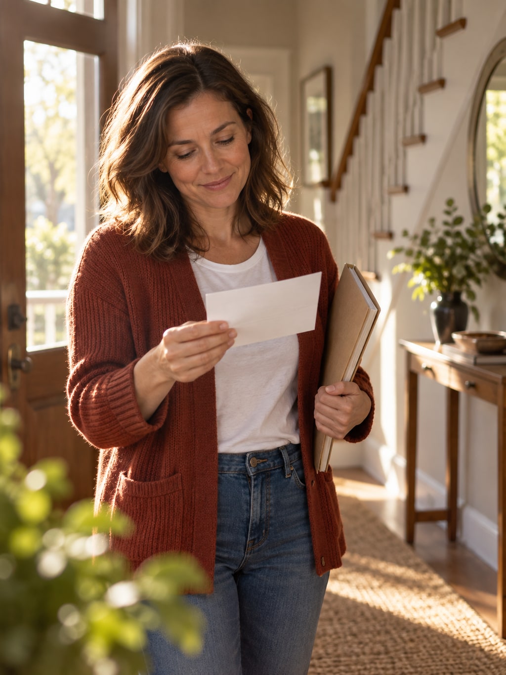 A mother in a rust cardigan reads a note in a sunlit entryway.