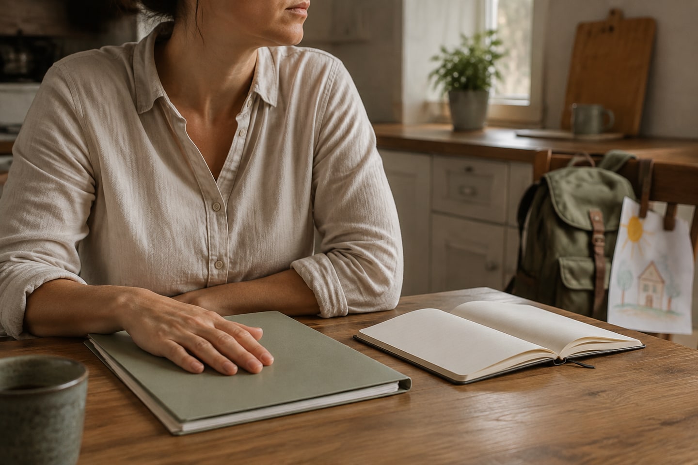 A parent pauses with a notebook and folder at a kitchen table.