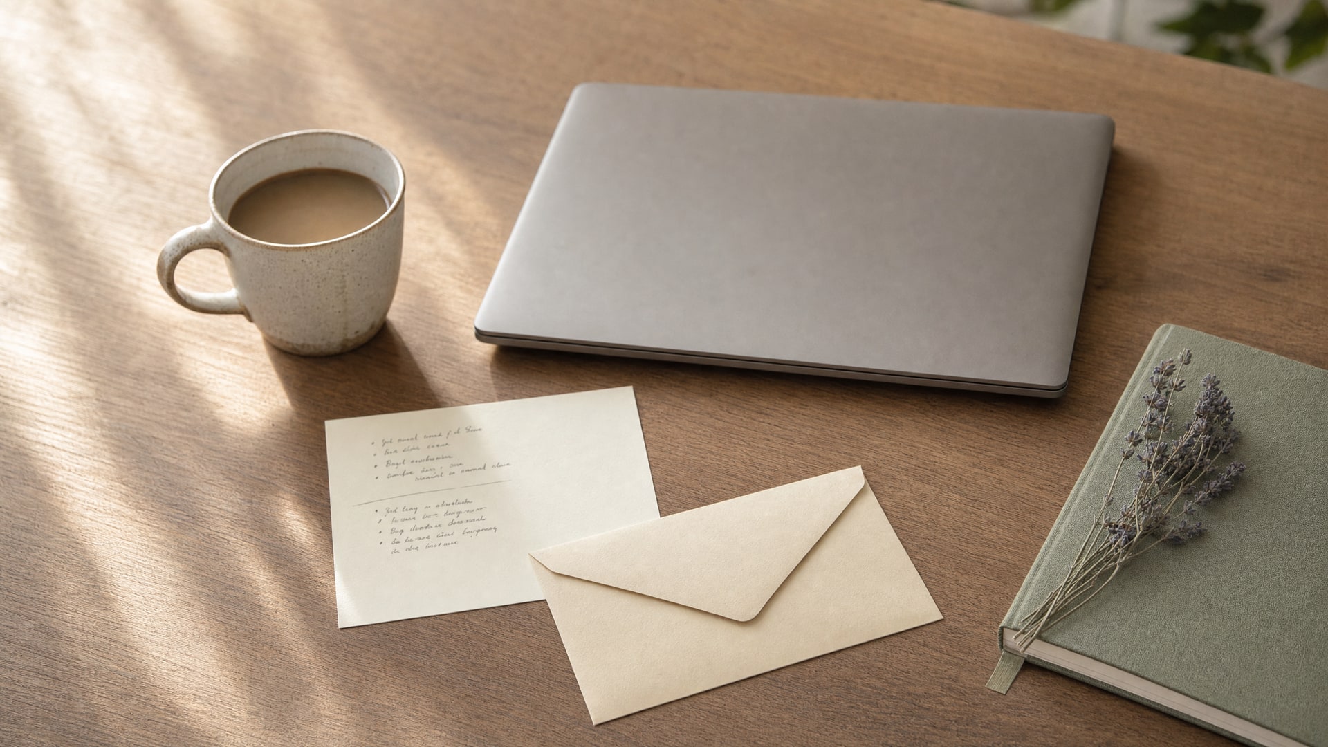 A closed laptop, handwritten course details, a coffee cup, an envelope, and lavender on a warm wooden desk