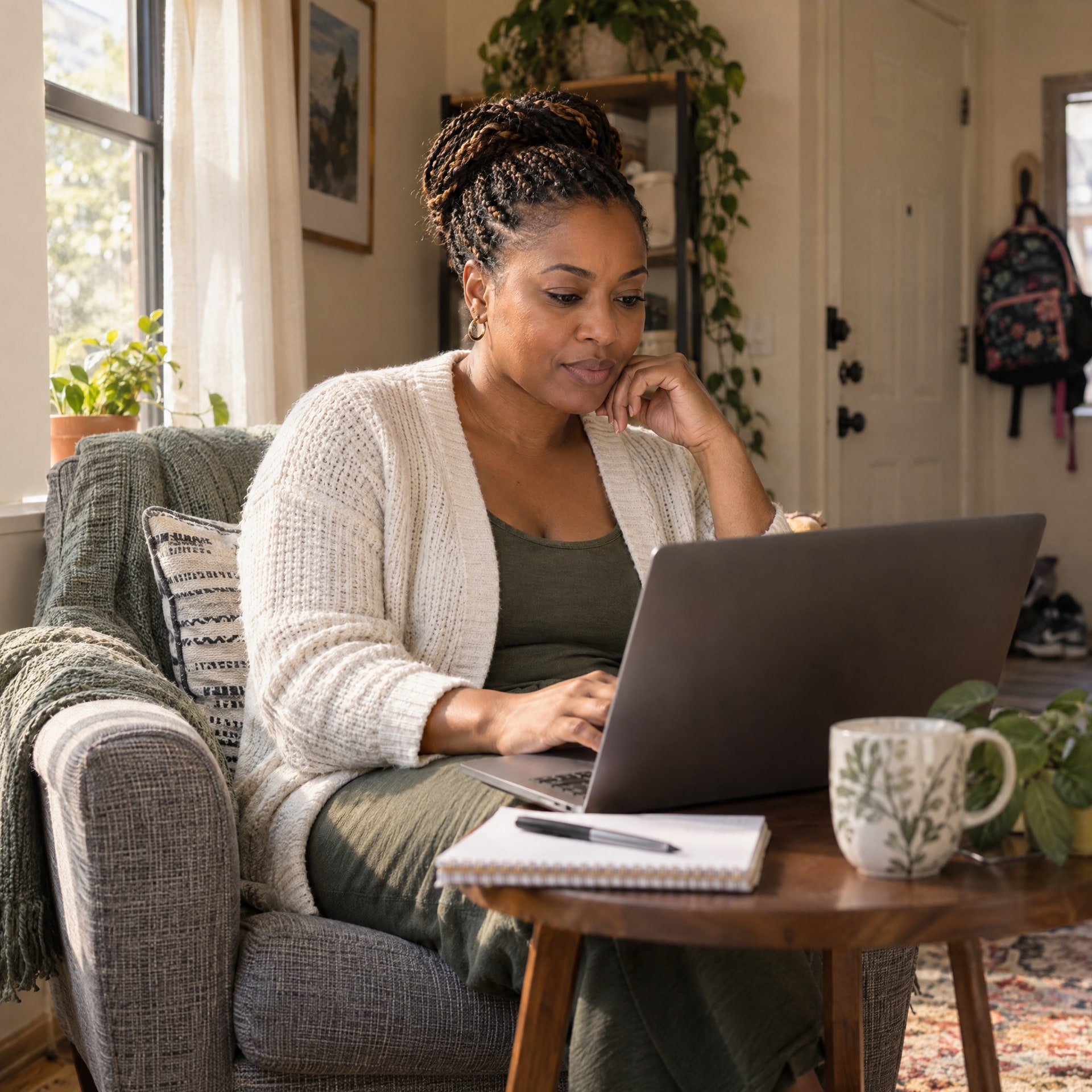 A parent beginning a self-paced course at home beside a bright window